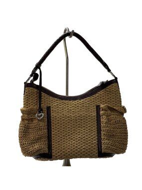 BRIGHTON Women's Woven Jute/Leather Hobo Bag Braided Leather Handle Zip Closure